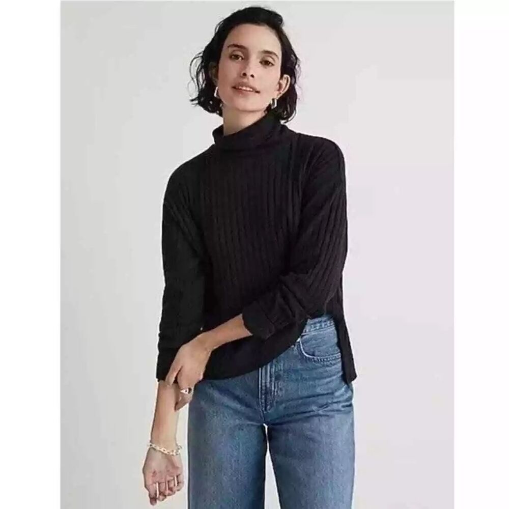 MADEWELL Relaxed Turtleneck Tee XS Ribbed Knit Long Sleeve Black NWT B84